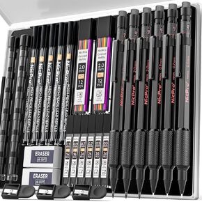 Nicpro 27PCS Art Mechanical Pencil Set in Case, Metal Drafting Pencil 0.5, 0.7, 0.9 mm & 2mm with 13 Tube Lead Refills(4B 2B HB 2H 4H Colors) Weatherproof Barrel for Outdoor Writing Drawing Sketching