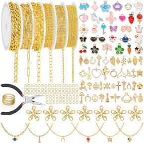 18K Gold Chain for Jewelry Making - 19.69 ft 6 Rolls Gold Plated Jewelry Chains, 304 Stainless Steel Necklace Chains with Charm Pendants Jump Rings Lobster Clasps Pliers for DIY Necklace Bracelet