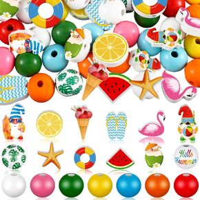 Ripeng 200 Pieces Summer Wood Beads Colored Wooden Beads Tropical Craft Beads with Flamingo Palm Leaves Beach Hawaii Summer Beads Bulk for DIY Garland Making (Flamingo)