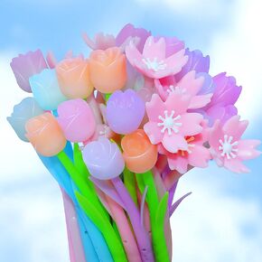 Yexiya 60 Pieces Color Changing Flower Ballpoint Pens Spring Mother Teacher Gifts Pens Bulk 0.5mm Tulip Rose Floral Gel Ink Rollerball Pens for School Gifts Home Office(Cute Style)
