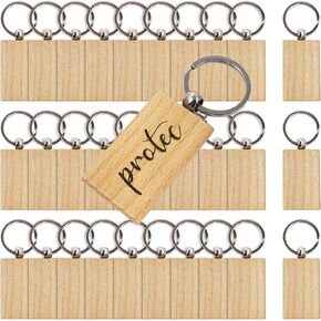 MOUYAT 30 Pcs Wood Keychain Blanks, Rectangular Engraving Blanks with Split Rings, Unfinished Wooden Keychain Blanks Pendants for DIY Crafts
