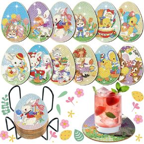 Pickmesh 12 Pcs Retro Easter Egg Diamond Art Coasters with Holder DIY Diamond Painting Kits Easter Egg Shaped Filled Coaster for Beginners Adults Art Craft Supplies Gift