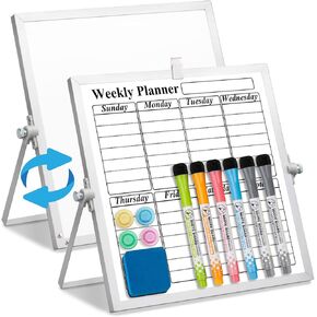 Magnetic Dry Erase White Board with Stand, 16" x 12" Double-Sided Desktop Whiteboard, Portable Monthly Calendar Planner Board Set with 8 Markers, 5 Magnets, 2 Marker Holders & 1 Eraser
