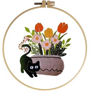 Generic Embroidery Kit for Adults Beginners Starter Stitch Kit with Flying Hummingbird Pink Flowers Pattern Handmade Needlepoint Kits, Onesize