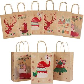 Mjokoj 24 Pack Christmas Gift Bags, 6 Designs Christmas Kraft Paper Bags, 8.85x7.08x3.5 Inches with Handles Xmas Gift Bags, Suitable for Holiday Kraft Paper Gift Bags, Reusable Christmas Gift Bags