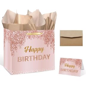GOLDCROW Small Birthday Gift Bag 7" Medium Square Pink Rose Gold Happy Birthday Gifts Wrap Bag with Tissue Paper and Birthday Card with Envolope - Rose Gold Birthday Party Decorations