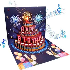 Pop Up Birthday Card，Musical & Firework Birthday Cards with Blowable LED Light Candle,Happy Birthday Greeting Cards with Envelope,3D Birthday Gift for Women,Men,Kids,Mom,Father,Friends