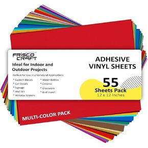 Frisco Craft 55 Pack Permanent Adhesive Vinyl Sheets – 43 Vibrant Colors, 12" x 12" Self Adhesive Permanent Vinyl Sheets for DIY Projects - Suitable for Various Surfaces