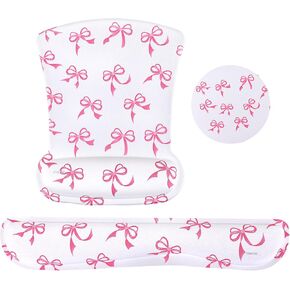 MOSISO Wrist Rest Support for Mouse Pad&Keyboard Set, Pink Bows Ergonomic Mousepad&Coaster Non-Slip Base Home/Office Pain Relief&Easy Typing Cushion with Neoprene Cloth&Raised Memory Foam, White
