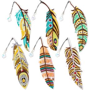 6 Pieces DIY Diamond Painting Feather Bookmarks 5D Diamond Drawing Bookmarks Leaf Feather Peacock Feather Rhinestone Bookmarks Acrylic Art Bookmarks Adults Craft Supplies