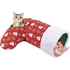 Pawaboo Cat Tunnel Christmas Sock with Bell Balls, Upgraded 2 Way Cat Tunnel Interactive Toy, Pet Xmas Stocking with Crinkle Paper & Strong Spring-Steel Frame for Cat Kitten Kitty, Red Christmas Tree