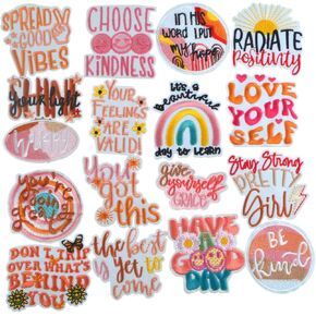 17pcs Positive Affirmations Iron on Patches, Boho Hippie Style Inspirational Words Embroidered Sew on Applique Craft Accessories for DIY Clothes Hats Backpacks Jeans Jackets Decor