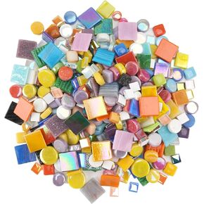 Colorful Glass Mosaic Tiles for Crafts – Mixed Round (4 Sizes) & Square (4 Types: Quartz, Mica, Jade, Crystal) Glass Tiles – Total 1.1LB Mosaic Pieces for DIY Art & Home Decor
