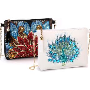 JBTM24 2 Pcs Diamond Painting Crossbody Bag, DIY 5D Diamond Painting Handbag Kit with Chain and Tassel, Bling Bling Rhinestone Makeup Shoulder Bag for Girl Woman, DIY Craft Gift, Blank&White