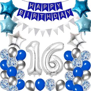 16th Birthday Decorations for Boys Blue 16th Happy Birthday Banner Sixteen Birthday Supplies Number 16 Balloons Fringe Curtain 16 Years Old Bday Party Supplies Kit for Him Her Girls (Blue)
