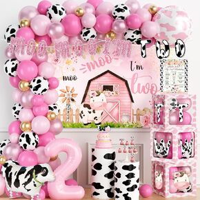 Moo Moo Im Two Birthday Decorations Girl, 2nd Birthday Decorations for Girls, Pink Cow 2nd Birthday Party Decorations, Backdrop Balloon Garland Banner Cake Cupcake Topper Box Cutout Poster