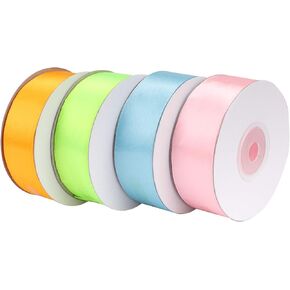 4 Rolls 2.5cm Easter Day Satin Ribbon, 25 Yards Solid Color Fabric Ribbons for Easter Day DIY Crafts Wrapping Party Home Garden Decorations (Blue/Green/Yellow/Pink)
