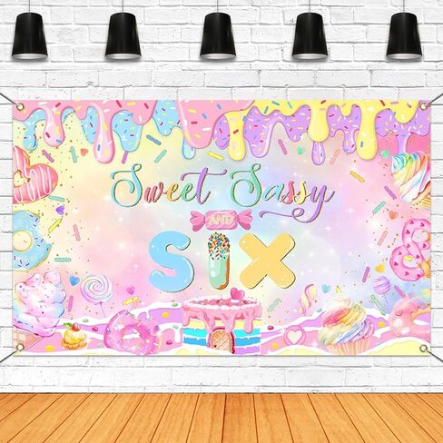 Mocsicka Donut 6th Birthday Banner Backdrop Sweet Sassy and Six Birthday Decorations Banner for Girls Sixth Birthday Party Banner for Phogography (Pink, 70.8x43.3 inch) in Kuwait