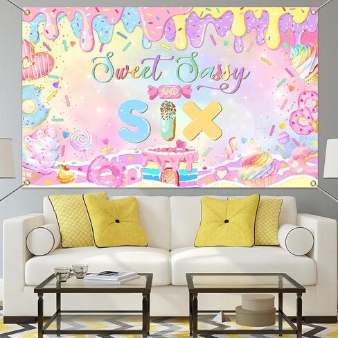 Mocsicka Donut 6th Birthday Banner Backdrop Sweet Sassy and Six Birthday Decorations Banner for Girls Sixth Birthday Party Banner for Phogography (Pink, 70.8x43.3 inch) in Kuwait
