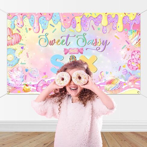 Mocsicka Donut 6th Birthday Banner Backdrop Sweet Sassy and Six Birthday Decorations Banner for Girls Sixth Birthday Party Banner for Phogography (Pink, 70.8x43.3 inch) in Kuwait