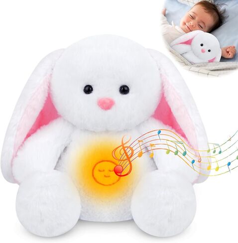 Breathing Stuffed Animal, 10in White Easter Bunny Plush Stuffed with Soothing Sound Music Lighting, Huggable Sleeping Rabbit Pillow Easter Gift for Kids, Baby, Boys & Girls in Saudi Arabia