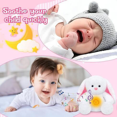 Breathing Stuffed Animal, 10in White Easter Bunny Plush Stuffed with Soothing Sound Music Lighting, Huggable Sleeping Rabbit Pillow Easter Gift for Kids, Baby, Boys & Girls in Saudi Arabia