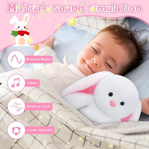 Breathing Stuffed Animal, 10in White Easter Bunny Plush Stuffed with Soothing Sound Music Lighting, Huggable Sleeping Rabbit Pillow Easter Gift for Kids, Baby, Boys & Girls in Saudi Arabia