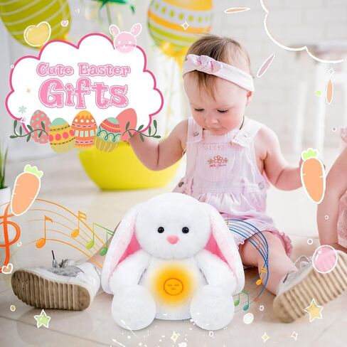 Breathing Stuffed Animal, 10in White Easter Bunny Plush Stuffed with Soothing Sound Music Lighting, Huggable Sleeping Rabbit Pillow Easter Gift for Kids, Baby, Boys & Girls in Saudi Arabia