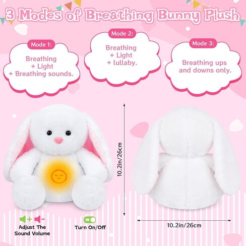 Breathing Stuffed Animal, 10in White Easter Bunny Plush Stuffed with Soothing Sound Music Lighting, Huggable Sleeping Rabbit Pillow Easter Gift for Kids, Baby, Boys & Girls in Saudi Arabia