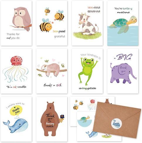 Funny Thank You Cards with Envelopes & Stickers, 4×6 in Cute Animal Pun Cards Assorted Blank Greeting Cards, Boxed Bulk Note Cards for Friends Teachers Business Coworker Employee Appreciation 20Pcs in Kuwait