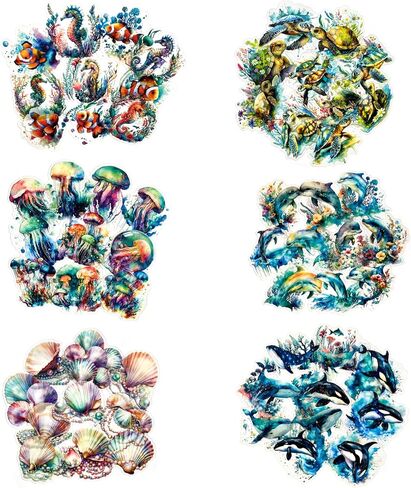 Yoksas 60Pcs Holographic Ocean Life Jellyfish Turtles Stickers - Sea Marine Animal Whales Dolphins Seahorses Stickers for Junk Journal,Scrapbooking Supplies,Planner in Kuwait