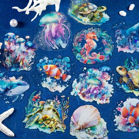 Yoksas 60Pcs Holographic Ocean Life Jellyfish Turtles Stickers - Sea Marine Animal Whales Dolphins Seahorses Stickers for Junk Journal,Scrapbooking Supplies,Planner in Kuwait