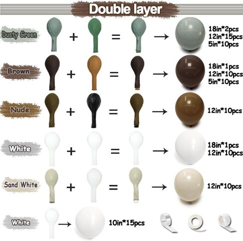 Dusty Green Nude Balloon Arch Kit - Double Stuffed Green Brown White Sand Cream Balloon Garland Light Avocado Beige Boho Color for Baby Shower Neutral Birthday Woodland Wedding Party Decor in Saudi Arabia