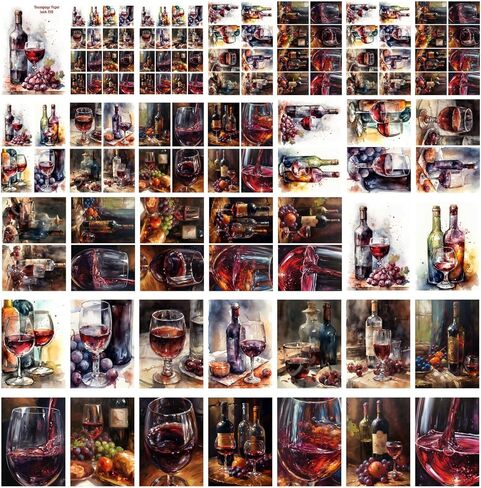 Decoupage Paper Pack (35 Sheets 6 "x8") لوحات ألوان مائية من النبيذ المذهل والعنب Flonz Vintage Illustration بطاقات لتفكيك وحرف اليقظة والسردة in Kuwait