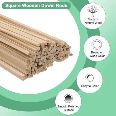 50-Pack Wood Square Dowel Rods, 1/8 x 12 Inch Unfinished Wooden Square Dowel Rod, Hardwood Square Dowel Sticks for Crafts/DIY Projects/Models Making [Wood Color] in Saudi Arabia