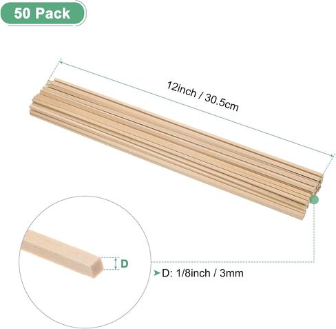 50-Pack Wood Square Dowel Rods, 1/8 x 12 Inch Unfinished Wooden Square Dowel Rod, Hardwood Square Dowel Sticks for Crafts/DIY Projects/Models Making [Wood Color] in Saudi Arabia