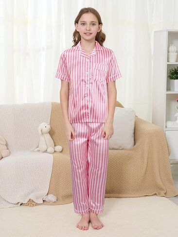 MyFav Pajama Set for Girls Button Down Silky Kids Sleepwear Nightwear Loungewear Clothes Set in Kuwait
