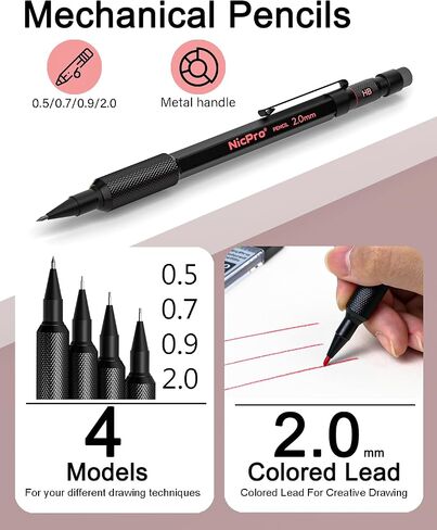 Nicpro 27PCS Art Mechanical Pencil Set in Case, Metal Drafting Pencil 0.5, 0.7, 0.9 mm & 2mm with 13 Tube Lead Refills(4B 2B HB 2H 4H Colors) Weatherproof Barrel for Outdoor Writing Drawing Sketching in Kuwait