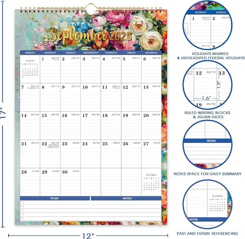 2025-2026 Calendar - Wall Calendar 2025-2026, Jul.2025 - Dec.2026, 12"x17", 2025-2026 Wall Calendar with Twin-Wire Binding + Hanging Hook + Large Ruled Blocks with Julian Dates in Saudi Arabia