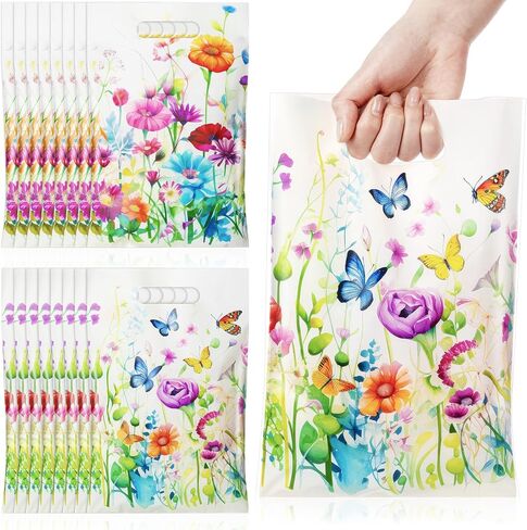 Epakh 100 Pcs Wildflower Gift Bags Bulk Plastic Goody Bags with Handles Wildflower Treat Bags Floral Butterfly Candy Gift Bag for Baby Shower Spring Summer Floral Birthday Party Supplies in Kuwait