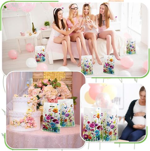 Epakh 100 Pcs Wildflower Gift Bags Bulk Plastic Goody Bags with Handles Wildflower Treat Bags Floral Butterfly Candy Gift Bag for Baby Shower Spring Summer Floral Birthday Party Supplies in Kuwait