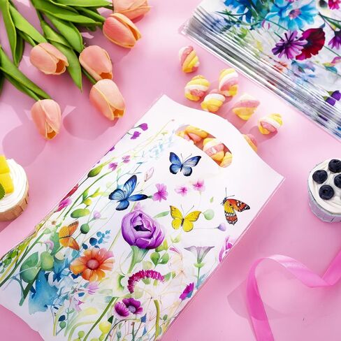 Epakh 100 Pcs Wildflower Gift Bags Bulk Plastic Goody Bags with Handles Wildflower Treat Bags Floral Butterfly Candy Gift Bag for Baby Shower Spring Summer Floral Birthday Party Supplies in Kuwait