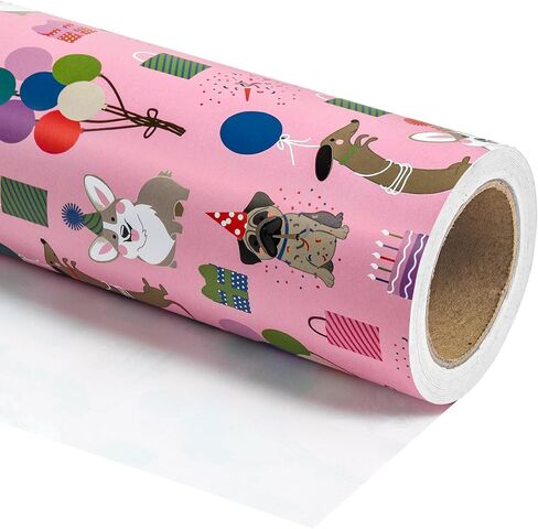 WRAPAHOLIC Dog Wrapping Paper - Mini Roll - 17 Inch X 33 Feet - Pink Kids Birthday Wrapping Paper Rolls Doggy Girls for Birthday, Party, Holiday in Kuwait
