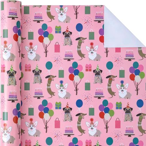 WRAPAHOLIC Dog Wrapping Paper - Mini Roll - 17 Inch X 33 Feet - Pink Kids Birthday Wrapping Paper Rolls Doggy Girls for Birthday, Party, Holiday in Kuwait