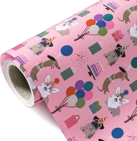 WRAPAHOLIC Dog Wrapping Paper - Mini Roll - 17 Inch X 33 Feet - Pink Kids Birthday Wrapping Paper Rolls Doggy Girls for Birthday, Party, Holiday in Kuwait
