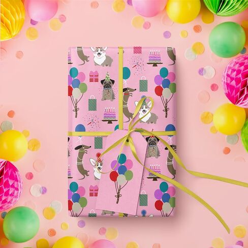 WRAPAHOLIC Dog Wrapping Paper - Mini Roll - 17 Inch X 33 Feet - Pink Kids Birthday Wrapping Paper Rolls Doggy Girls for Birthday, Party, Holiday in Kuwait