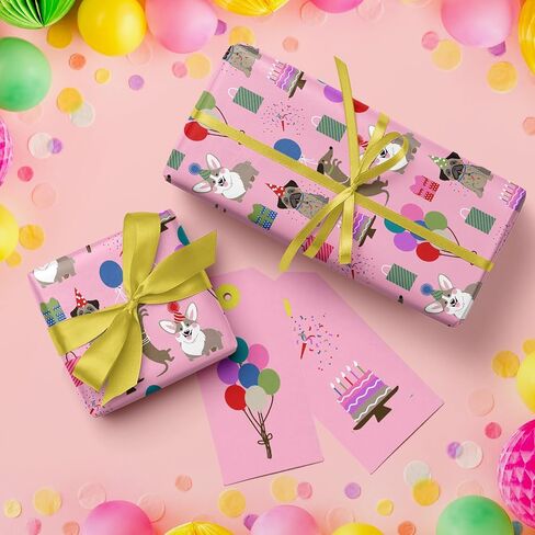 WRAPAHOLIC Dog Wrapping Paper - Mini Roll - 17 Inch X 33 Feet - Pink Kids Birthday Wrapping Paper Rolls Doggy Girls for Birthday, Party, Holiday in Kuwait