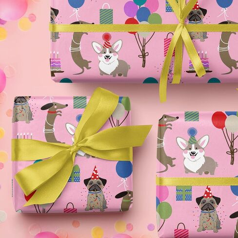 WRAPAHOLIC Dog Wrapping Paper - Mini Roll - 17 Inch X 33 Feet - Pink Kids Birthday Wrapping Paper Rolls Doggy Girls for Birthday, Party, Holiday in Kuwait