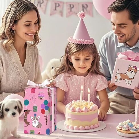 WRAPAHOLIC Dog Wrapping Paper - Mini Roll - 17 Inch X 33 Feet - Pink Kids Birthday Wrapping Paper Rolls Doggy Girls for Birthday, Party, Holiday in Kuwait