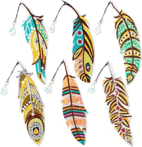 6 Pieces DIY Diamond Painting Feather Bookmarks 5D Diamond Drawing Bookmarks Leaf Feather Peacock Feather Rhinestone Bookmarks Acrylic Art Bookmarks Adults Craft Supplies in Saudi Arabia
